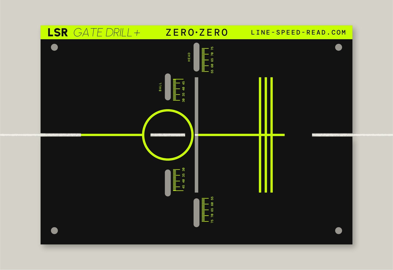 The LSR Gate Drill+ plate on the chalk line: head gate slots, ball gate slots, end slots and the centre slot
